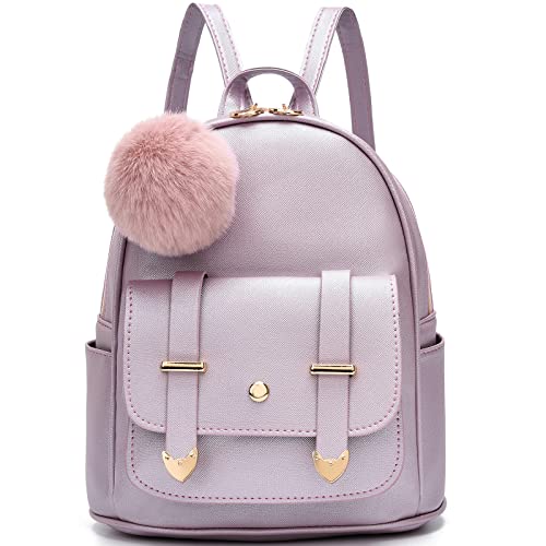 I IHAYNER Girls Fashion Backpack Mini Backpack Purse for Women Teenage Girls Purses PU Leather Pompom Backpack Shoulder Bag Pearl Purple