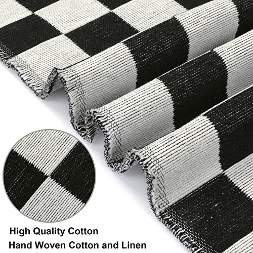 LEEVAN Black and White Checkered Outdoor Area Rug 5x7 ft Machine Washable Checkerboard Indoor Rug Extra Large Patio Rugs Woven Cotton Plaid Floor Carpet for Living Room/Balcony/Backyard