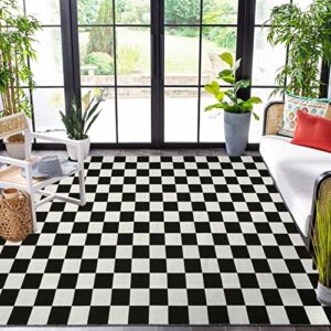 LEEVAN Black and White Checkered Outdoor Area Rug 5x7 ft Machine Washable Checkerboard Indoor Rug Extra Large Patio Rugs Woven Cotton Plaid Floor Carpet for Living Room/Balcony/Backyard