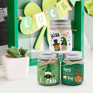 St. Patrick’s Day Gnome Mini Mason Jar St. Patrick’s Day Tiered Tray Decor Spring Gnome Table Decor for Kitchen Irish Decor Island Sign Shamrock Pattern Set of 3 St. Patrick Gift Idea 2.4”*3.1”