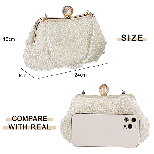 Oweisong Pearl Clutch Purses for Women Crystal Tote Handbag Vintage Evening Clutch Bag for Wedding Cocktail Bride