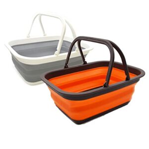 sammart 9.2l (2.37gallon) collapsible tub with handle – portable outdoor picnic basket/crater – foldable shopping bag – space saving storage container (grey & orange, 2)