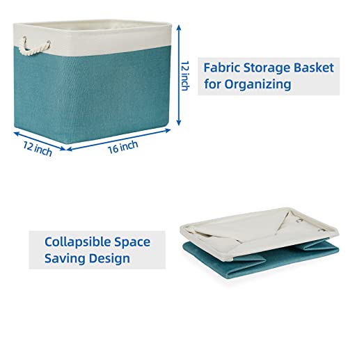 Temary Collapsible Storage Bins Set of 6 Fabric Storage Baskets 2 Pcs Decorative Baskets for Gifts Empty (White&Teal, 11.8Lx7.9Wx5.3H Inches, 16Lx12Wx12H Inches)