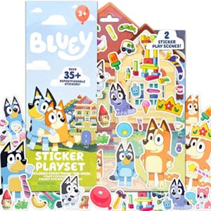 bluey sticker playset, 35+ reusable bluey stickers, 2 sticker play scenes, puffy bluey repositionable stickers for kids, bluey & bingo removable stickers, perfect for travel, screen-free fun
