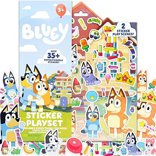 Bluey Sticker Playset, 35+ Reusable Bluey Stickers, 2 Sticker Play Scenes, Puffy Bluey Repositionable Stickers for Kids, Bluey & Bingo Removable Stickers, Perfect for Travel, Screen-Free Fun