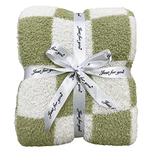 Ultra Soft Checkered Blanket Cozy Buffalo Check Throw Fluffy Knitted Reversible Throw Blanket Lightweight Fleece Checkerboard Grid Blanket for Sofa Couch Bed Travel, Sage Green, 51''x63''