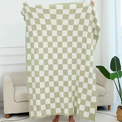 Ultra Soft Checkered Blanket Cozy Buffalo Check Throw Fluffy Knitted Reversible Throw Blanket Lightweight Fleece Checkerboard Grid Blanket for Sofa Couch Bed Travel, Sage Green, 51''x63''