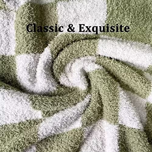 Ultra Soft Checkered Blanket Cozy Buffalo Check Throw Fluffy Knitted Reversible Throw Blanket Lightweight Fleece Checkerboard Grid Blanket for Sofa Couch Bed Travel, Sage Green, 51''x63''