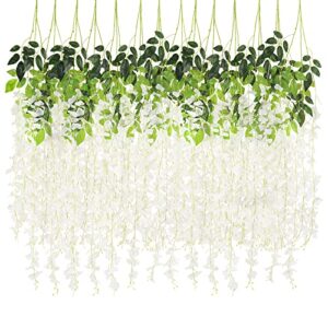 cewor 14pcs wisteria hanging flowers 3.6ft artificial wisteria vines fake hanging garland silk flowers for wedding garden outdoor party home wall decoration (white)