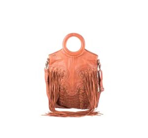 ART N VINTAGE Cognac Color Handmade Leather Bag Purse for Women Shopper with Wooden Handle Handbags Weaving Fringes Metallic Print Shoulder Bags - Martinka Theme