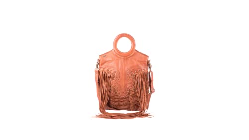 ART N VINTAGE Cognac Color Handmade Leather Bag Purse for Women Shopper with Wooden Handle Handbags Weaving Fringes Metallic Print Shoulder Bags - Martinka Theme