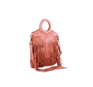 ART N VINTAGE Cognac Color Handmade Leather Bag Purse for Women Shopper with Wooden Handle Handbags Weaving Fringes Metallic Print Shoulder Bags - Martinka Theme