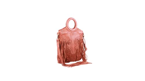 ART N VINTAGE Cognac Color Handmade Leather Bag Purse for Women Shopper with Wooden Handle Handbags Weaving Fringes Metallic Print Shoulder Bags - Martinka Theme