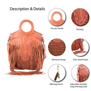 ART N VINTAGE Cognac Color Handmade Leather Bag Purse for Women Shopper with Wooden Handle Handbags Weaving Fringes Metallic Print Shoulder Bags - Martinka Theme