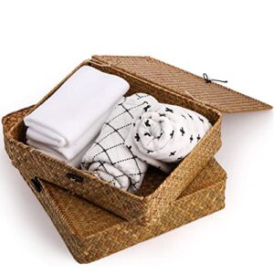 Elsjoy 2 Pack Seagrass Baskets with Lid, Wicker Storage Baskets Flat Rattan Storage Bins, Woven Organizer Baskets for Shelf, Closet, Bedroom