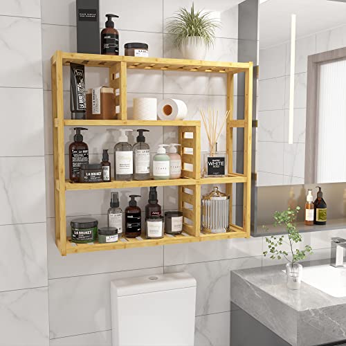 Epesoware Bathroom Bamboo Organizer 3 Tier Multifunctional Storage Rack Adjustable Wall Mounted Shelf Free Standing Plant Stands,Floating Shelves Over Toilet