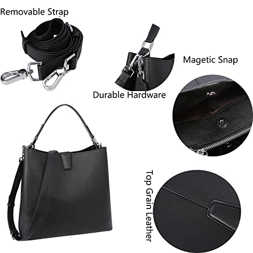 HESHE Leather Womens Handbags Tote Top Handle Bucket Bag Shoulder Bags Satchel Ladies Purses Crossbody Bag (Black-Top Grain Leather)
