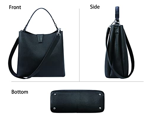 HESHE Leather Womens Handbags Tote Top Handle Bucket Bag Shoulder Bags Satchel Ladies Purses Crossbody Bag (Black-Top Grain Leather)