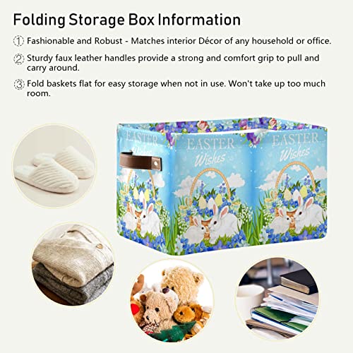 Foldable Storage Basket, Cube Organizer Bins Easter Egg Basket with Bunnies and Spring Flower Cube Bag Dual Handles for Closet Shelf