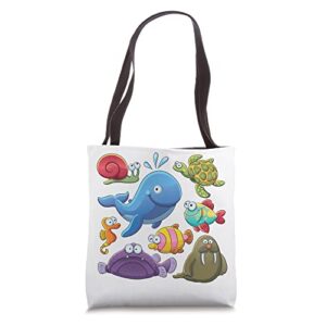 kids ocean creatures, sea animals girls, fish shirt for girl tote bag