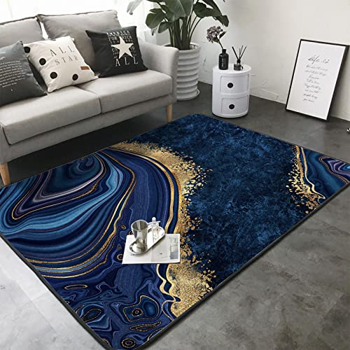 Washable Area Sponge Rug Pad for Kids Girls Bedroom Living Room Dark Blue Marble, Gold Natural Luxury Abstract Art Non-Slip Carpet Super Soft Extra Thick Bathroom Dorm Home Indoor Small Floor Rugs