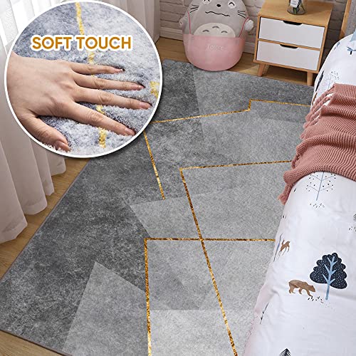 SUWUYUE Modern Abstract Geometric Golden Lines Craft Area Rug with Non-Shedding Floor Carpet for Living Room Bedroom Dining Home Office Grey / Gold (8FTX10FT)
