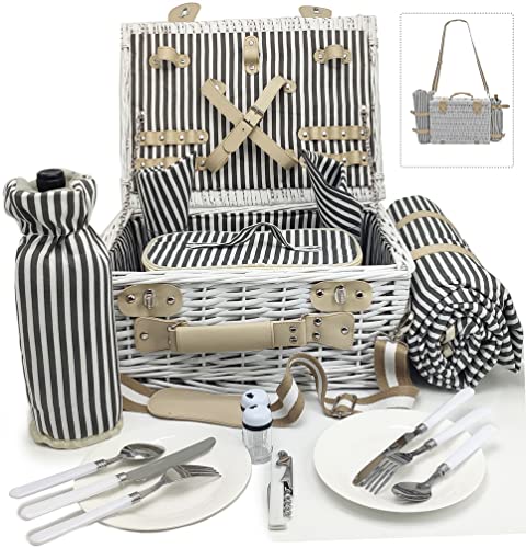 20Pcs Willow Picnic Basket for 2 with Waterproof Blanket/Insulated Cooler/Wine Bag/Cutlery for Camping,Couples,Valentine Day, Wedding Gift