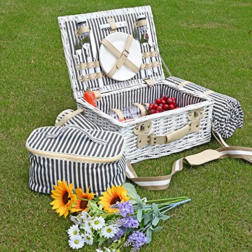 20Pcs Willow Picnic Basket for 2 with Waterproof Blanket/Insulated Cooler/Wine Bag/Cutlery for Camping,Couples,Valentine Day, Wedding Gift