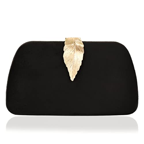 Milisente Clutch Purses For Women, Solid Soft Suede Evening Clutch Bag Shoulder Bag With Metallic Leaves Clasp(Black)