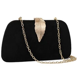 Milisente Clutch Purses For Women, Solid Soft Suede Evening Clutch Bag Shoulder Bag With Metallic Leaves Clasp(Black)