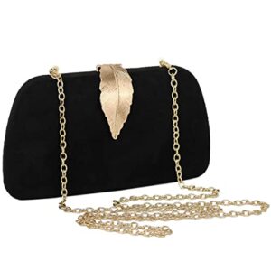 Milisente Clutch Purses For Women, Solid Soft Suede Evening Clutch Bag Shoulder Bag With Metallic Leaves Clasp(Black)