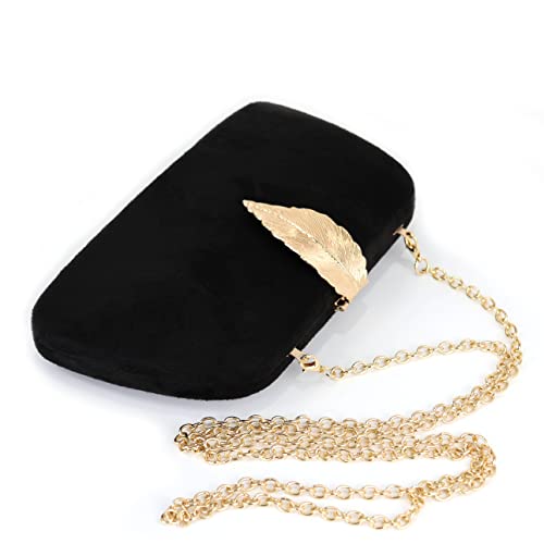 Milisente Clutch Purses For Women, Solid Soft Suede Evening Clutch Bag Shoulder Bag With Metallic Leaves Clasp(Black)