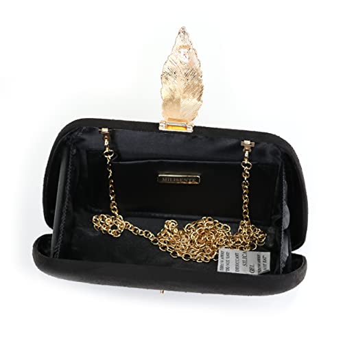 Milisente Clutch Purses For Women, Solid Soft Suede Evening Clutch Bag Shoulder Bag With Metallic Leaves Clasp(Black)