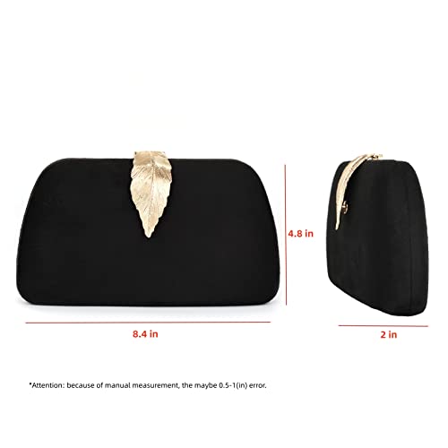 Milisente Clutch Purses For Women, Solid Soft Suede Evening Clutch Bag Shoulder Bag With Metallic Leaves Clasp(Black)