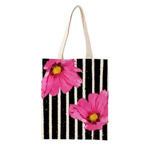canvas shoulder bag 15×18 inch,flowers stripe tote bag for books,birthday inspirational gifts for kids girls women