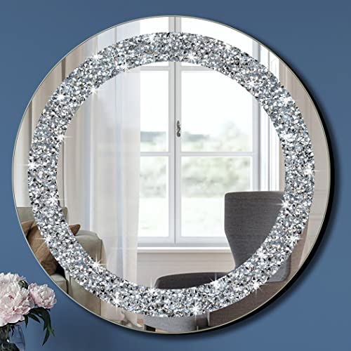 Crystal Crush Diamond Sparkly Round Silver Mirror for Wall Decoration 20x20x1 inch Wall Hang Frameless Bling Stylish Gorgeous Glam Mirror Vanity Home Decor.