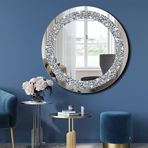 Crystal Crush Diamond Sparkly Round Silver Mirror for Wall Decoration 20x20x1 inch Wall Hang Frameless Bling Stylish Gorgeous Glam Mirror Vanity Home Decor.