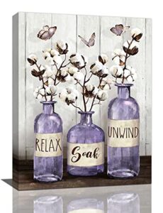 purple bathroom decor wall art rustic cotton flowers bathroom pictures for wall farmhouse bathroom canvas prints country relax soak unwind signs painting modern home artwork for bathroom 12″x16″