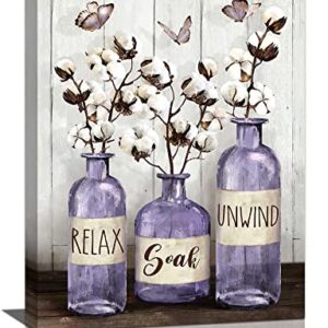 Purple Bathroom Decor Wall Art Rustic Cotton Flowers Bathroom Pictures for Wall Farmhouse Bathroom Canvas Prints Country Relax Soak Unwind Signs Painting Modern Home Artwork for Bathroom 12"x16"