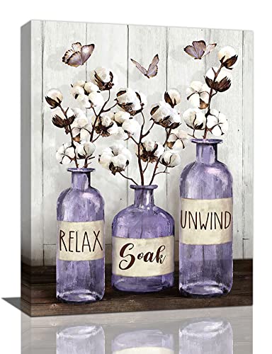 Purple Bathroom Decor Wall Art Rustic Cotton Flowers Bathroom Pictures for Wall Farmhouse Bathroom Canvas Prints Country Relax Soak Unwind Signs Painting Modern Home Artwork for Bathroom 12"x16"