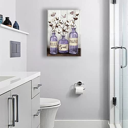 Purple Bathroom Decor Wall Art Rustic Cotton Flowers Bathroom Pictures for Wall Farmhouse Bathroom Canvas Prints Country Relax Soak Unwind Signs Painting Modern Home Artwork for Bathroom 12"x16"