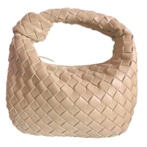 women soft pu leather woven handbag summer handmade hobo bag woven clutch bag knotted casual dumpling pouch (apricot)