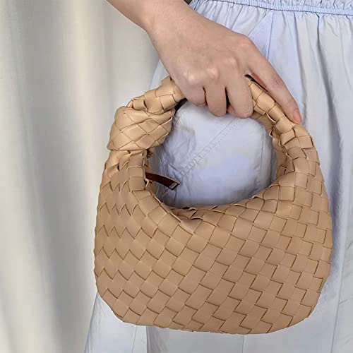 Women Soft PU Leather Woven Handbag Summer Handmade Hobo Bag Woven Clutch Bag Knotted Casual Dumpling Pouch (Apricot)