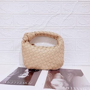 Women Soft PU Leather Woven Handbag Summer Handmade Hobo Bag Woven Clutch Bag Knotted Casual Dumpling Pouch (Apricot)