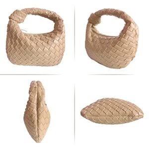 Women Soft PU Leather Woven Handbag Summer Handmade Hobo Bag Woven Clutch Bag Knotted Casual Dumpling Pouch (Apricot)