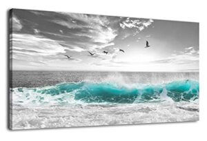 large ocean waves canvas wall art for living room wall decor teal blue sea beach wave wall art prints artwork sea birds canvas pictures for bedroom home office wall decorations ready to hang 30″ x 60″