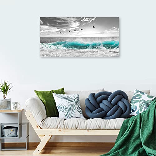 Large Ocean Waves Canvas Wall Art for Living Room Wall Decor Teal Blue Sea Beach Wave Wall Art Prints Artwork Sea Birds Canvas Pictures for Bedroom Home Office Wall Decorations Ready to Hang 30" X 60"