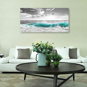 Large Ocean Waves Canvas Wall Art for Living Room Wall Decor Teal Blue Sea Beach Wave Wall Art Prints Artwork Sea Birds Canvas Pictures for Bedroom Home Office Wall Decorations Ready to Hang 30" X 60"