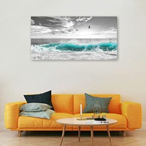 Large Ocean Waves Canvas Wall Art for Living Room Wall Decor Teal Blue Sea Beach Wave Wall Art Prints Artwork Sea Birds Canvas Pictures for Bedroom Home Office Wall Decorations Ready to Hang 30" X 60"