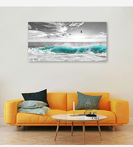 Large Ocean Waves Canvas Wall Art for Living Room Wall Decor Teal Blue Sea Beach Wave Wall Art Prints Artwork Sea Birds Canvas Pictures for Bedroom Home Office Wall Decorations Ready to Hang 30" X 60"